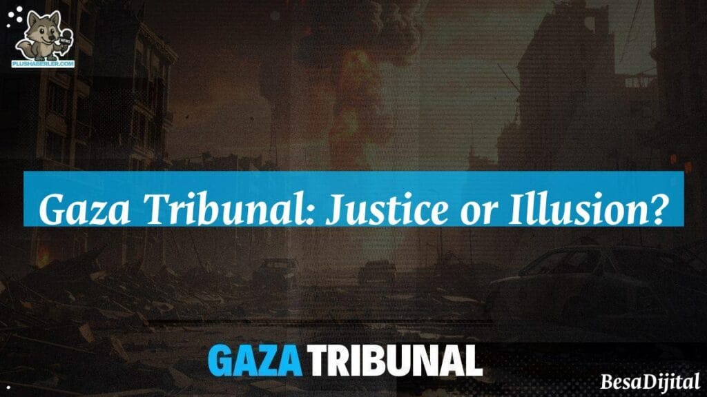 A somber courtroom scene depicting judges reviewing evidence related to the Gaza conflict.